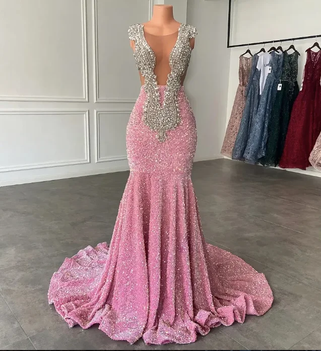 Women's Boat-Neck DressesLuxury Long Prom Dresses 2023 Mermaid Sparkly Pink Sequin Black Girls Crystals Evening Formal Gala Party Gowns Robe De Soiree    S2458